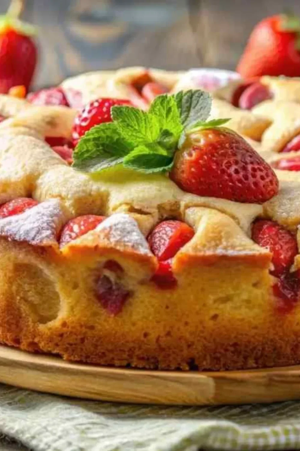 Gâteau moelleux à la fraise et au citron décoré de fraises fraîches.
