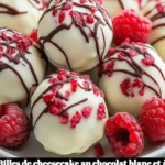 Billes de cheesecake framboise au chocolat blanc, dessert exquis et gourmand.