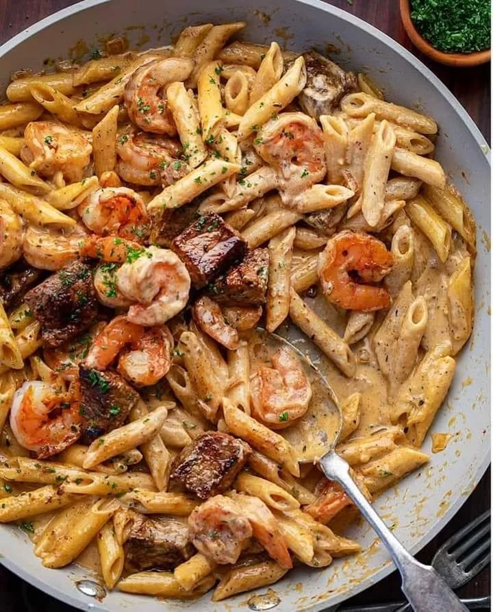 Plat de Steak Noir et Crevettes Alfredo servi avec une sauce crémeuse et garnitures.