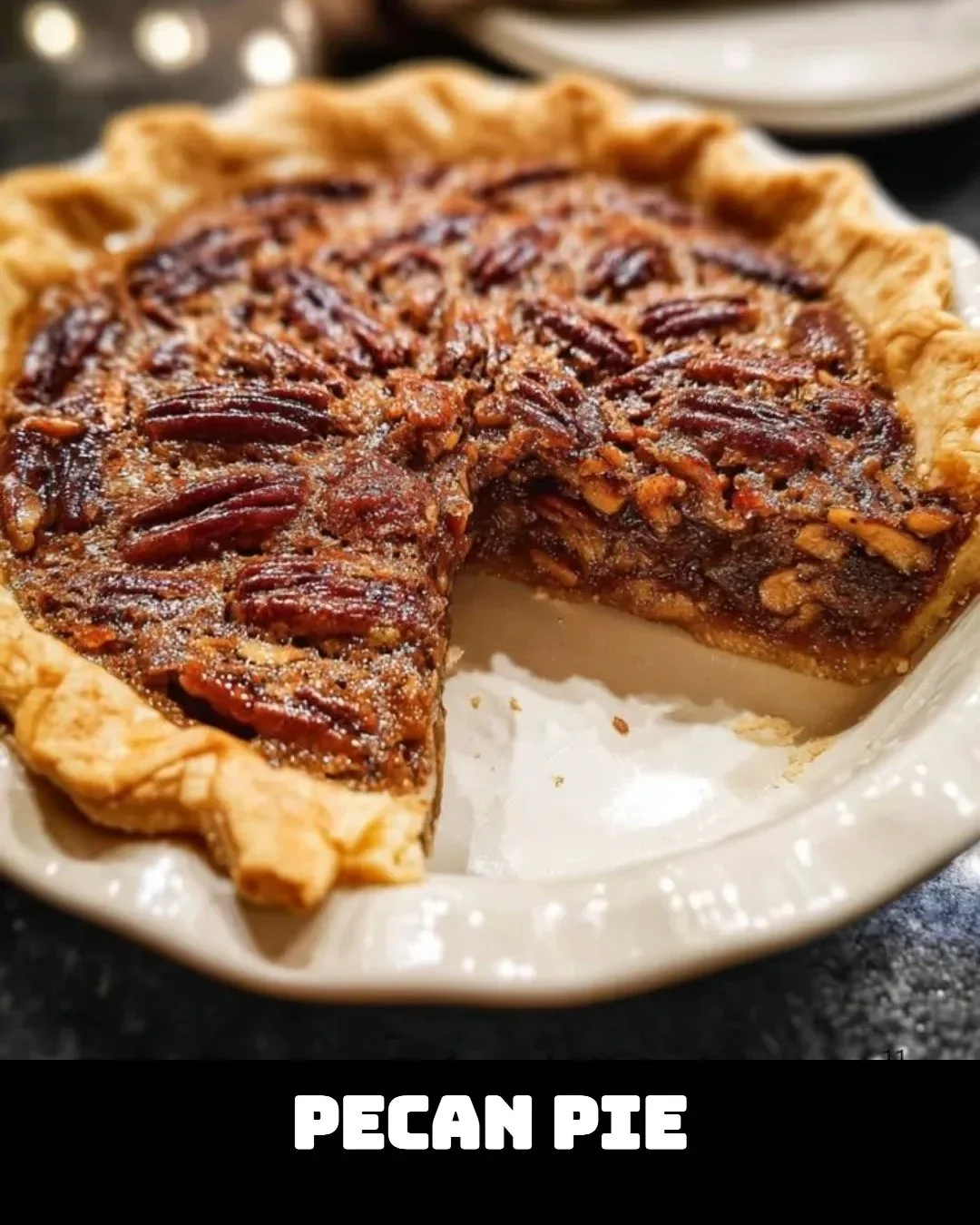 Tarte aux noix de pécan garnie de caramel et noix sur une assiette