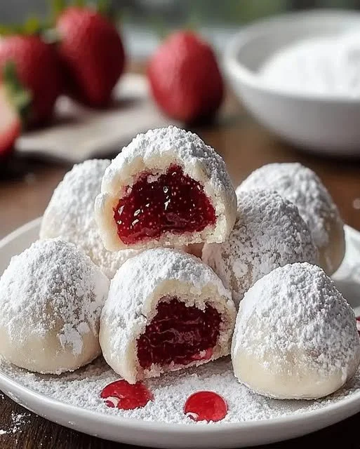 Biscuits neige aux fraises sur une assiette décorative