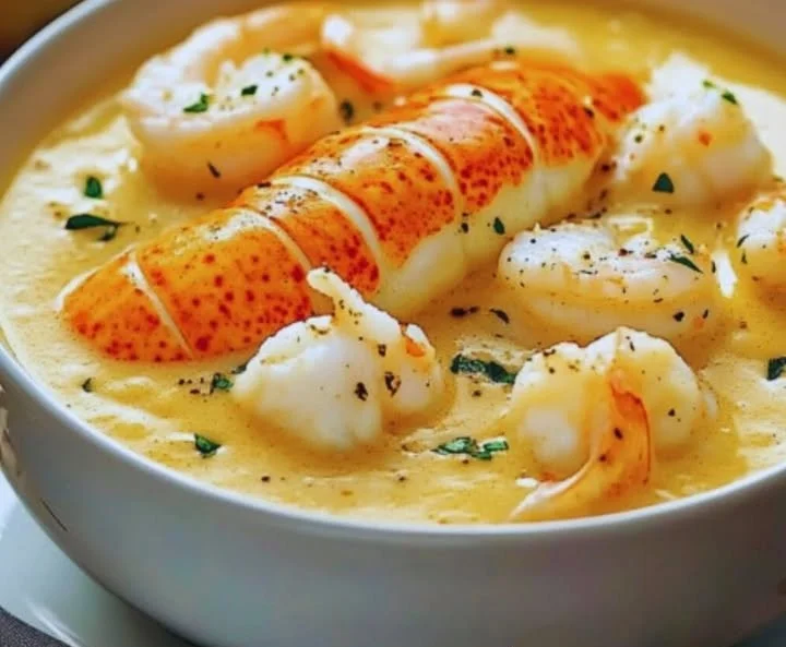 Bisque de fruits de mer servie dans un bol, garnie d'herbes fraîches.