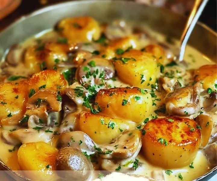 Plat de Blanquette de Saint-Jacques aux Champignons, une recette gourmande et crémeuse.