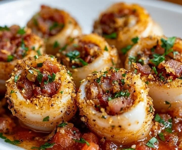 Calmars farcis au bacon présentés dans dish appétissant