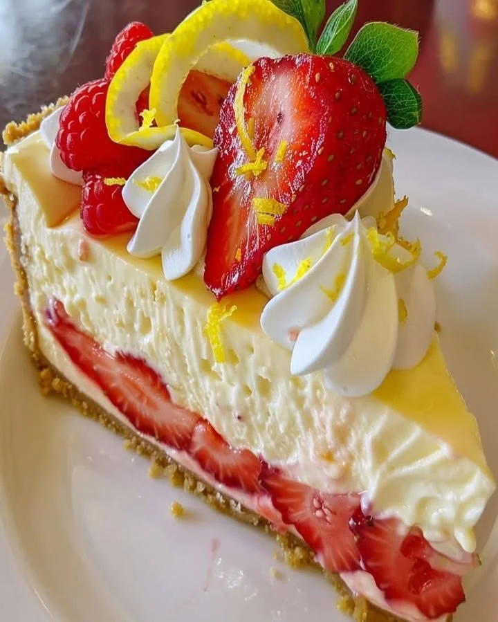 Cheesecake aux citrons et fraises avec une présentation élégante