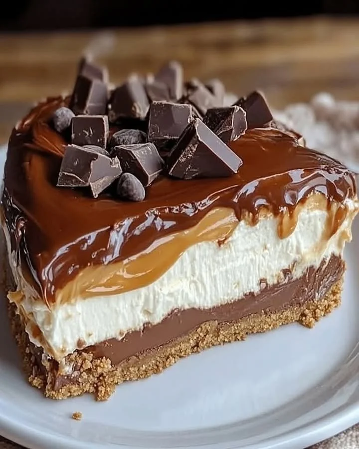 Cheesecake Twix maison sans cuisson avec des morceaux de Twix et crème onctueuse