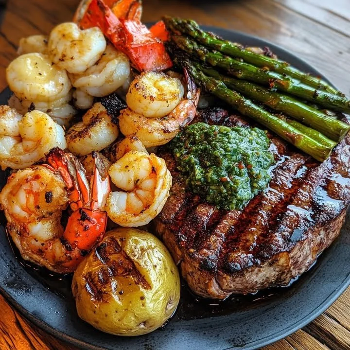 Côte de boeuf cowboy avec homard et crevettes sur une assiette gourmet