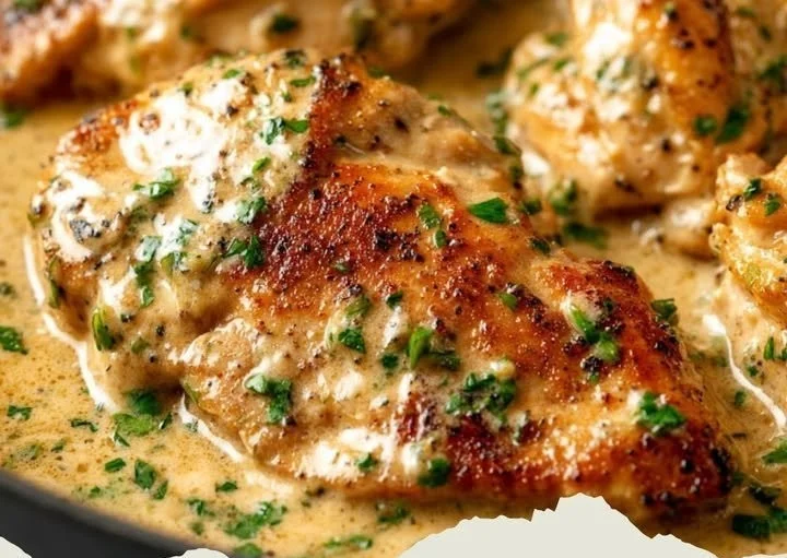 Poulet crémeux à l'ail et au beurre servi avec des herbes fraîches.