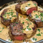 Filet mignon servi avec sauce crème parmesan et moutarde
