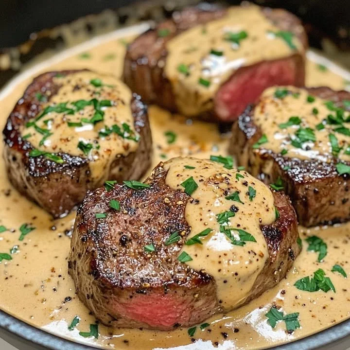Filet mignon servi avec sauce crème parmesan et moutarde