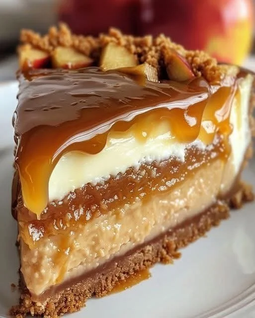 Gâteau au fromage aux pommes caramélisées luxueuses avec une croûte dorée.