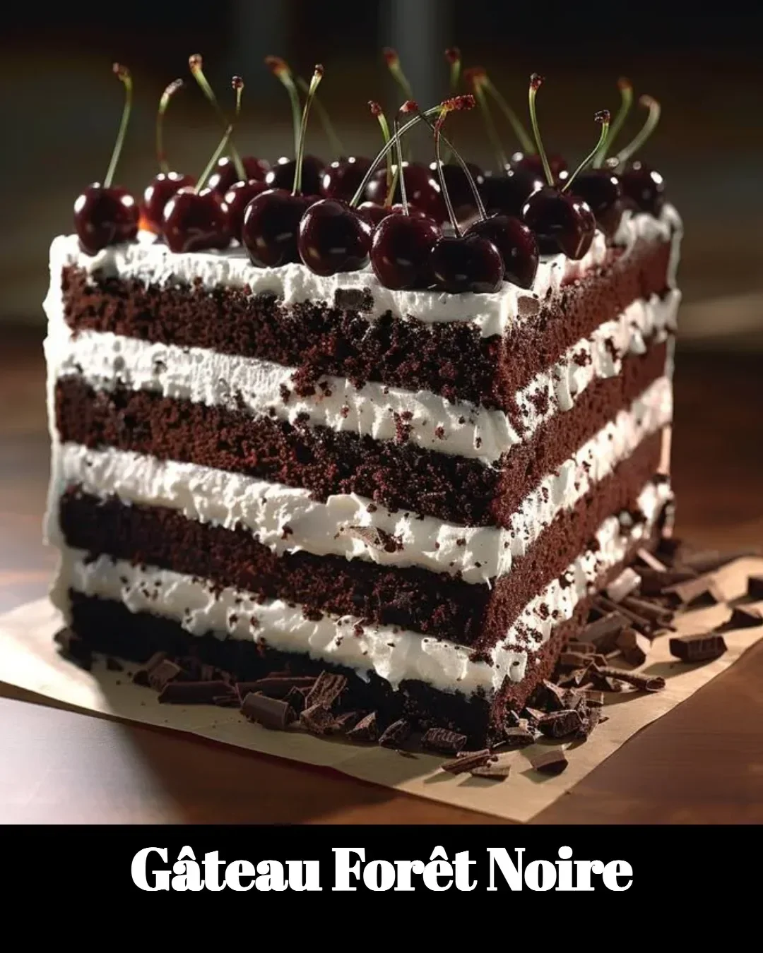 Gâteau Forêt Noire avec cerises, crème fouettée et chocolat décoratif