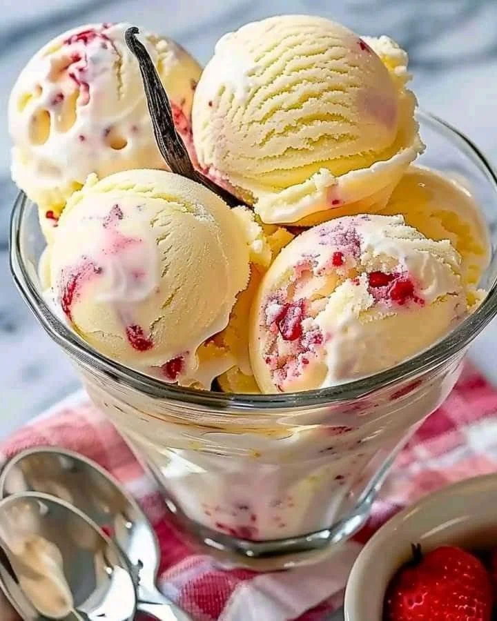 Glace maison à la fraise et à la vanille servie dans un bol.