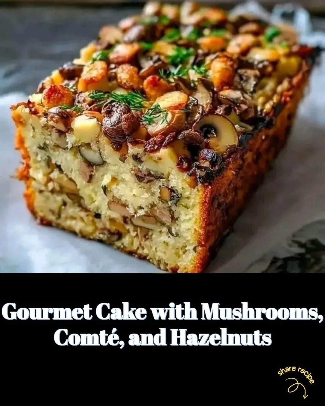 Gourmet cake with mushrooms, Comté cheese, and hazelnuts on a rustic plate
