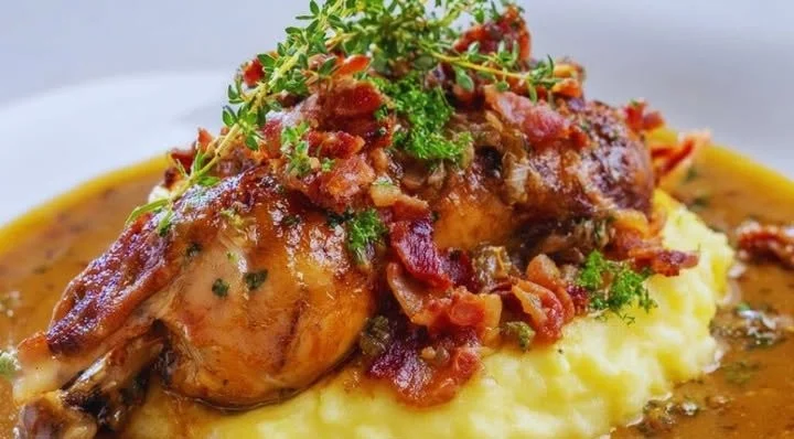 Plat de Lapin à la Moutarde et au Lard dans une sauce crémeuse