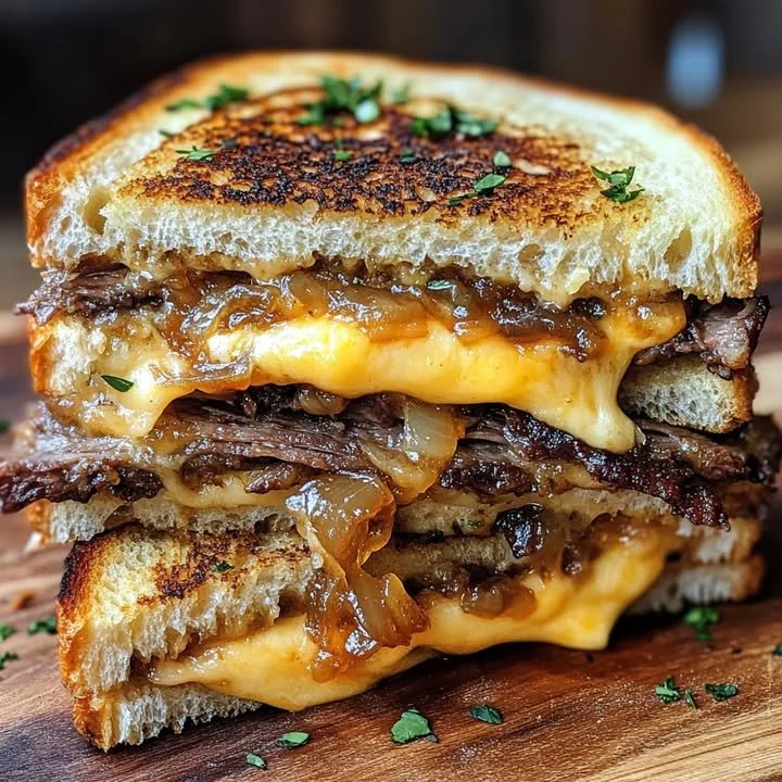 Sandwich grillé au brisket avec fromage fondant sur pain croustillant