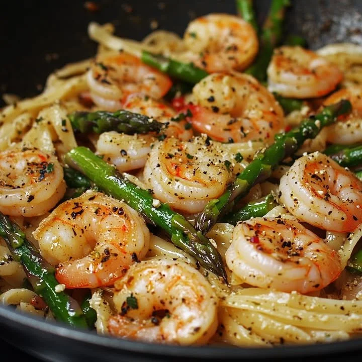 Pâtes avec des crevettes et des asperges prêtes à être servies dans un plat coloré.