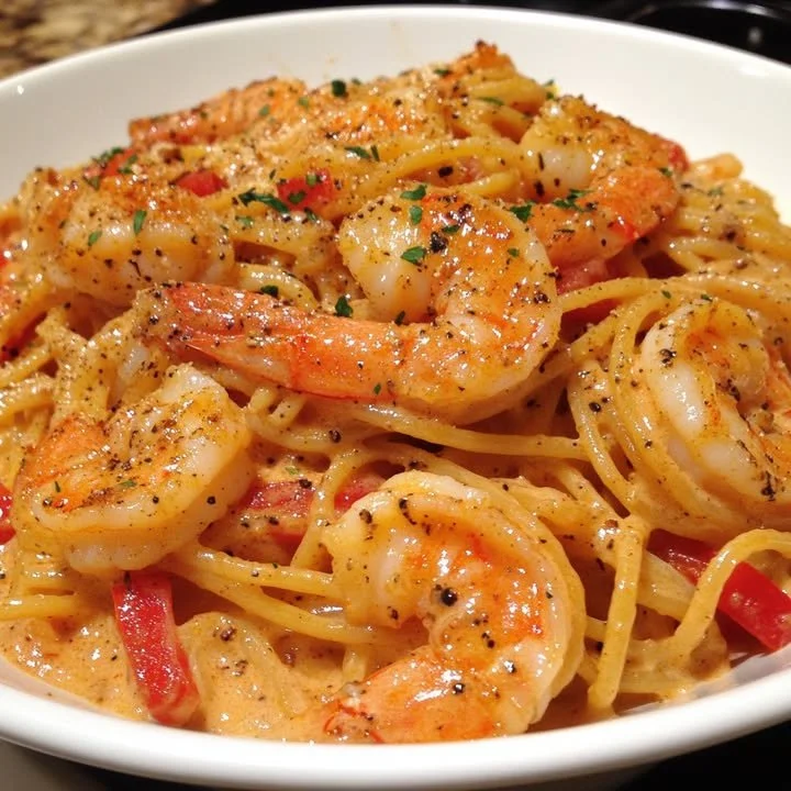 Pasta with Shrimp and Crab in a creamy Cajun sauce, garnished with herbs.