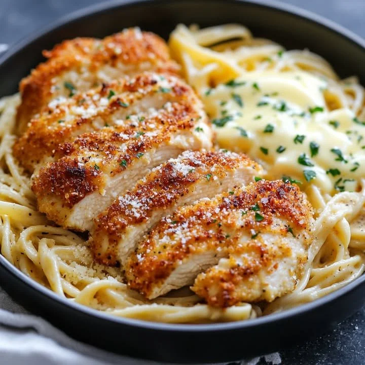 Poulet croquant croustillant servi avec des pâtes crémeuses