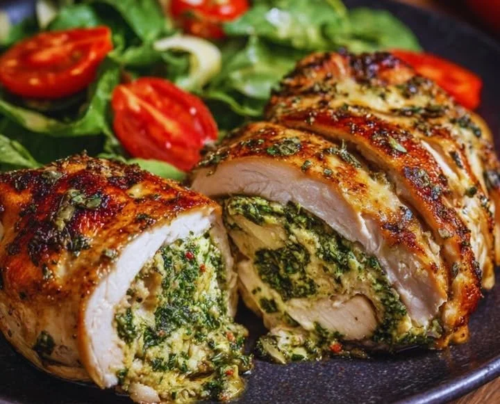Poulet Farci au Pesto garni de basilic frais et parmesan