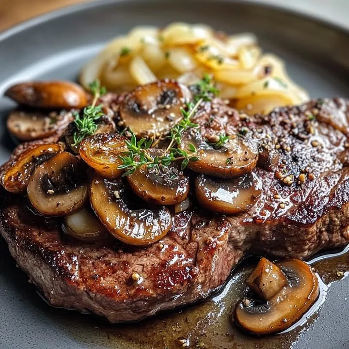 Ribeye steak avec oignons français et champignons savoureux