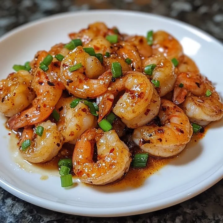 Crevettes cuites dans du beurre à l'ail, prêtes à être servies sur une assiette.