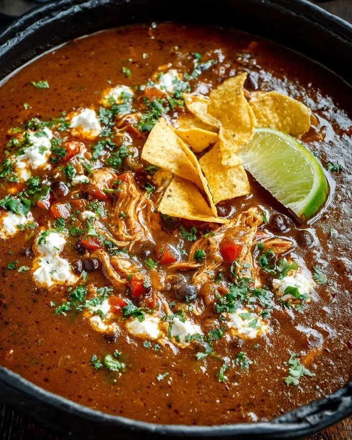 Soupe de haricots noirs fumée avec poulet effiloché, chipotle et lime