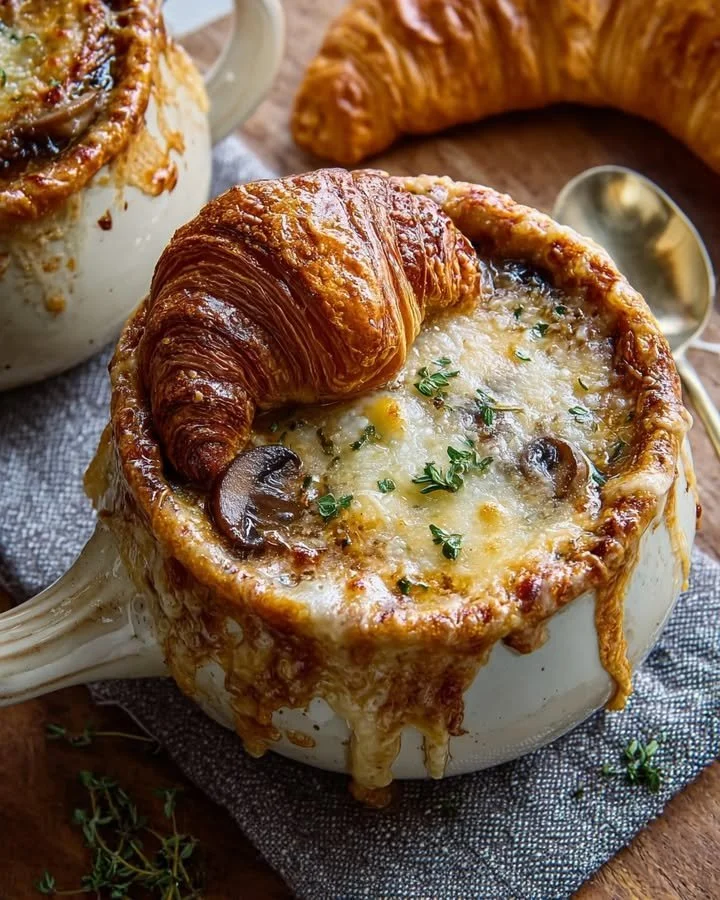 Soupe à l'oignon française avec champignons et croissant au fromage