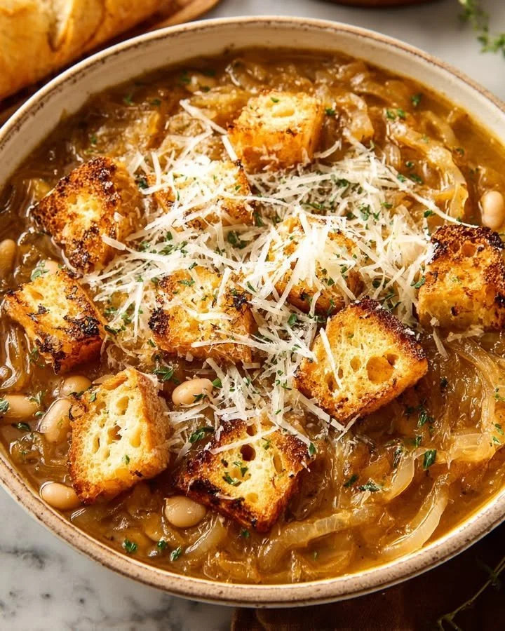 Soupe au Poulet avec Haricots Blancs et Oignons Caramélisés dans un bol