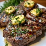 Steak grillé au beurre d'ail rôti, plat appétissant sur une table en bois.