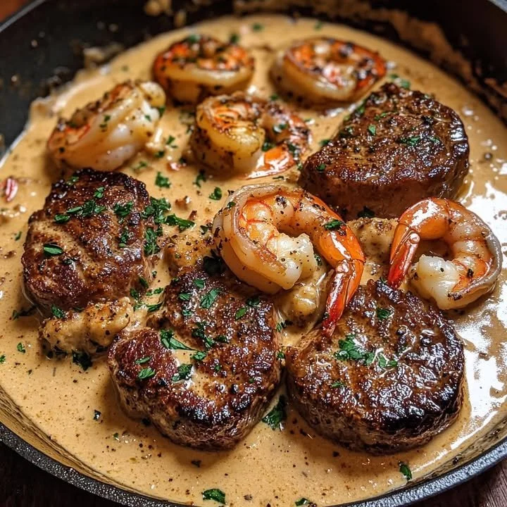 Steak dans une sauce crémeuse aux crevettes cajun savoureuse.