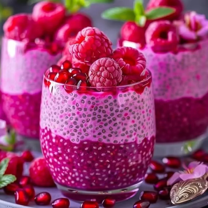 Chia Grenade Framboises : mélange de chia avec grenade et framboises pour un dessert sain.