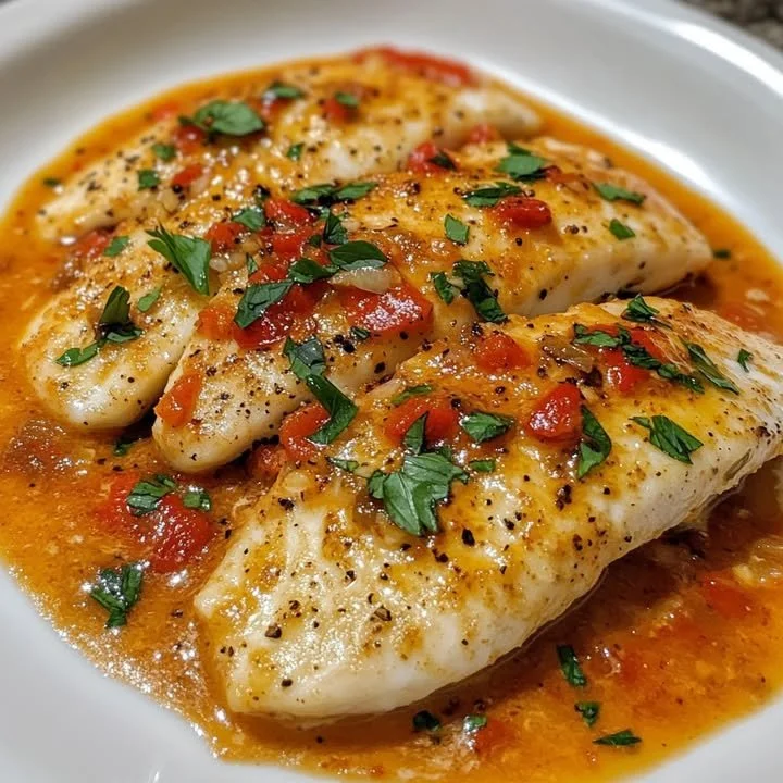 Tilapia dans une sauce de poivrons rôtis garnie d'herbes fraîches