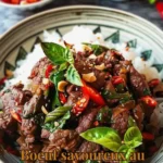 Boeuf savoureux au basilic thaï, plat coloré et appétissant.