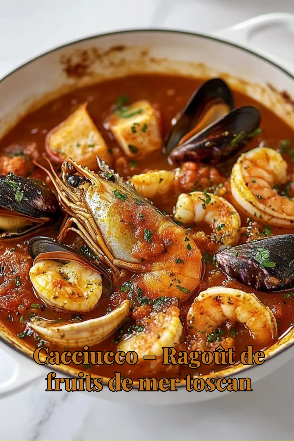 Un plat de Cacciucco, ragoût de fruits de mer toscan, servi dans une assiette.