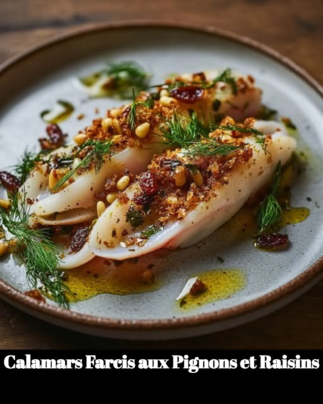 Calamars farcis aux pignons et raisins, un plat savoureux et raffiné.