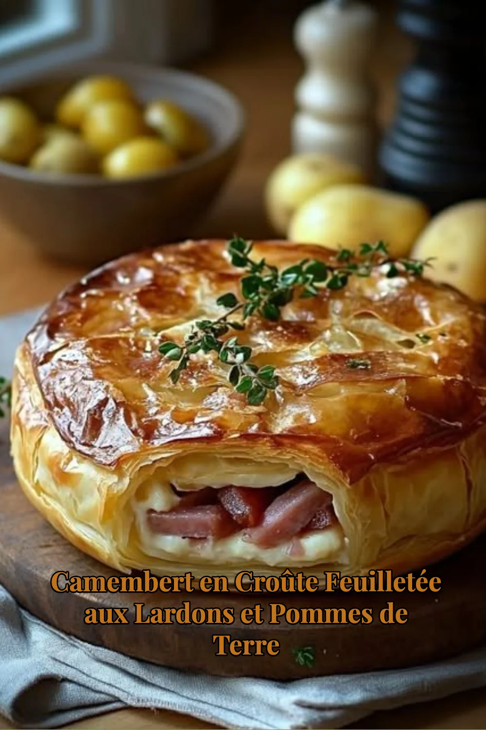 Camembert en Croûte feuilletée aux lardons et pommes de terre, plat savoureux hors du four.