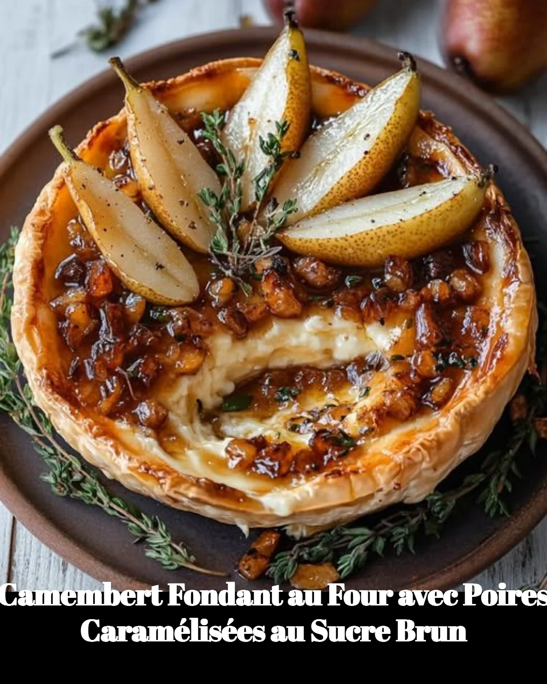 Camembert Fondant au Four accompagné de Poires Caramélisées au Sucre Brun.