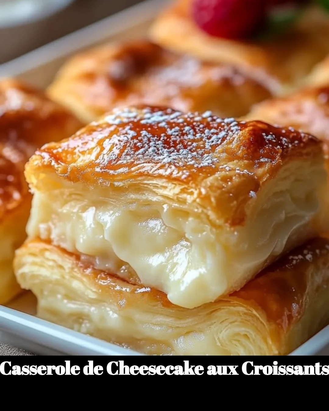 Casserole de cheesecake aux croissants appétissante et gourmande.