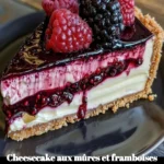 Cheesecake aux mûres et framboises sur une assiette élégante