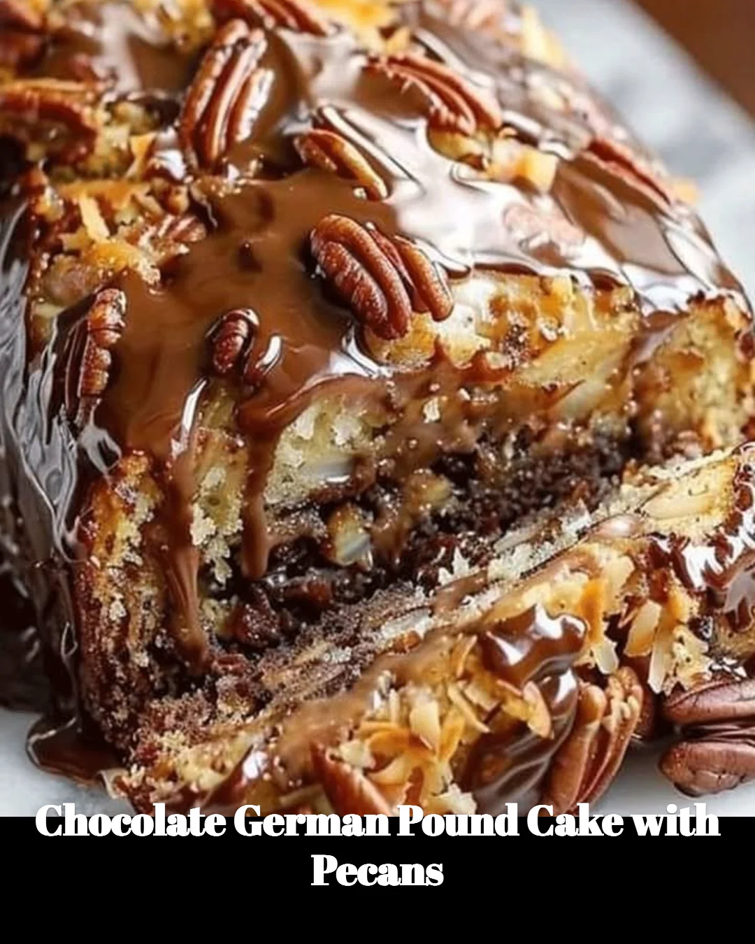 Gâteau pound allemand au chocolat avec des noix de pécan sur une assiette