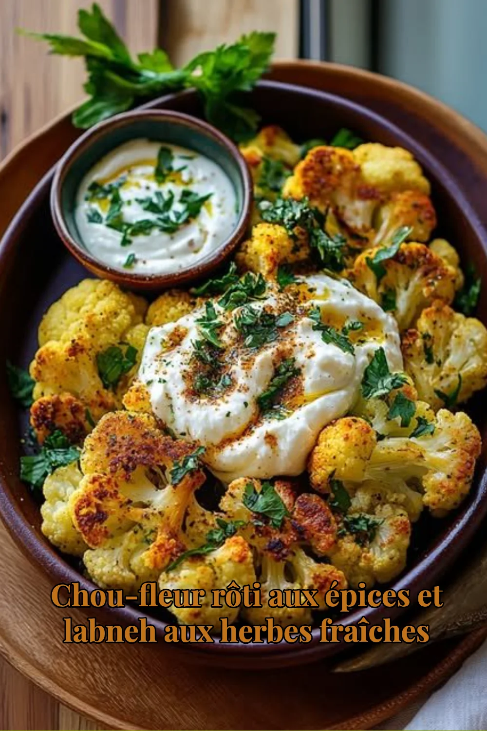 Chou-fleur rôti aux épices et labneh aux herbes fraîches, plat appétissant et coloré.