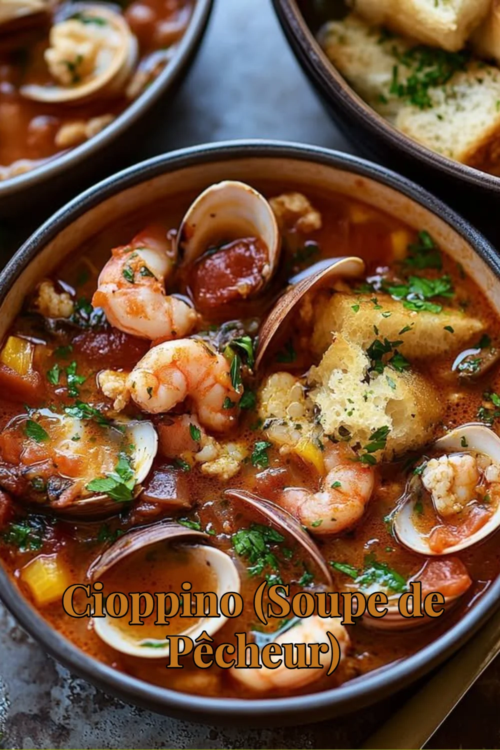 Bol de Cioppino, une soupe de pêcheur savoureuse avec fruits de mer frais