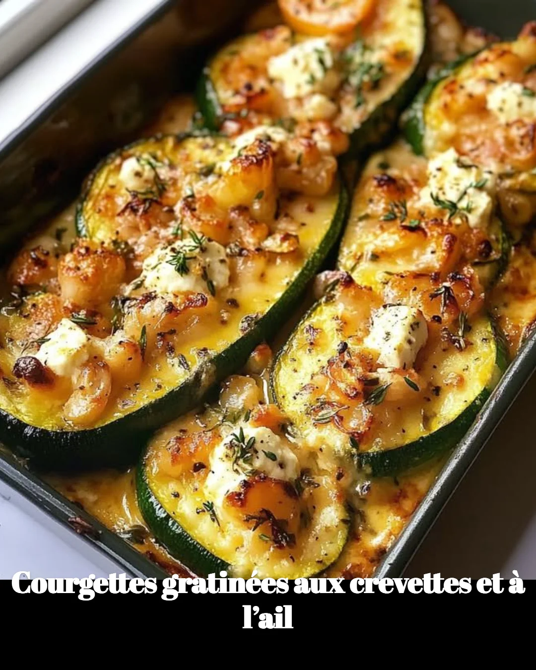 Plat de courgettes gratinées aux crevettes et à l’ail, appétissant et gourmand.
