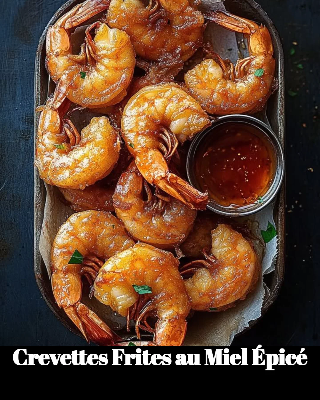 Crevettes frites au miel épicé servies dans un plat élégant avec garniture.