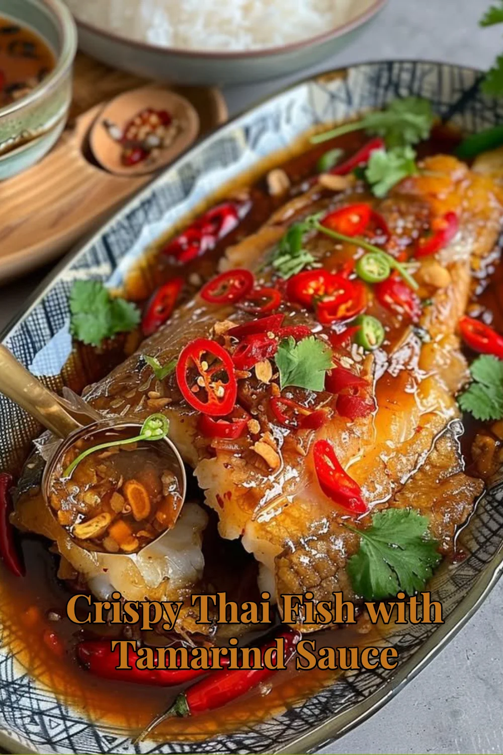 Crispy Thai Fish avec sauce tamarin servi dans une assiette décorative.