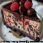 Gâteau au fromage de la Forêt Noire décoré de cerises et de chocolat