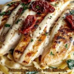 Fettuccine Alfredo avec poulet, tomates séchées et épinards dans une sauce crémeuse.