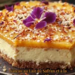 Gâteau au Lait au Safran et à la Cardamome, avec un glaçage au chocolat blanc.