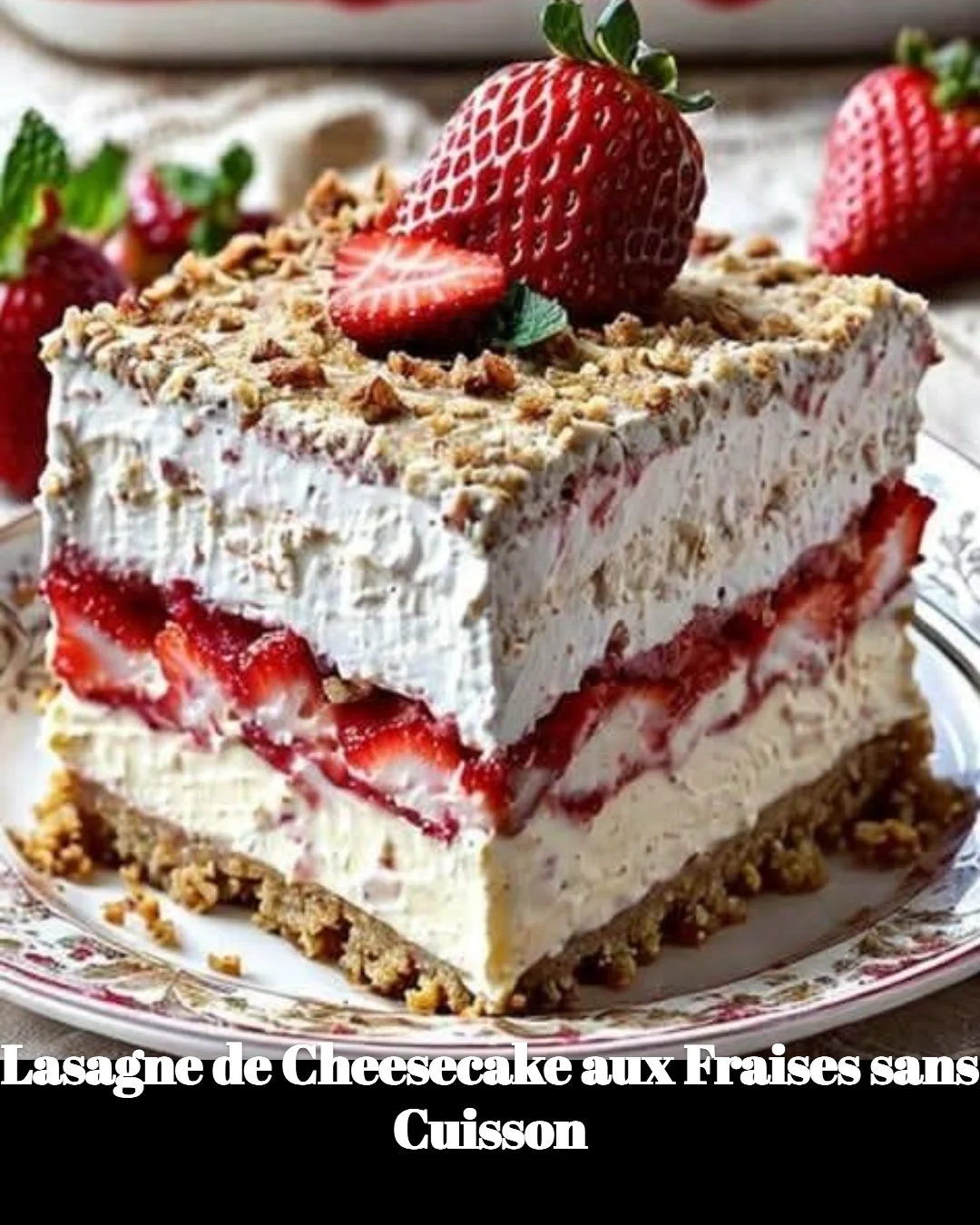 Lasagne de cheesecake aux fraises sans cuisson, dessert frais et savoureux.